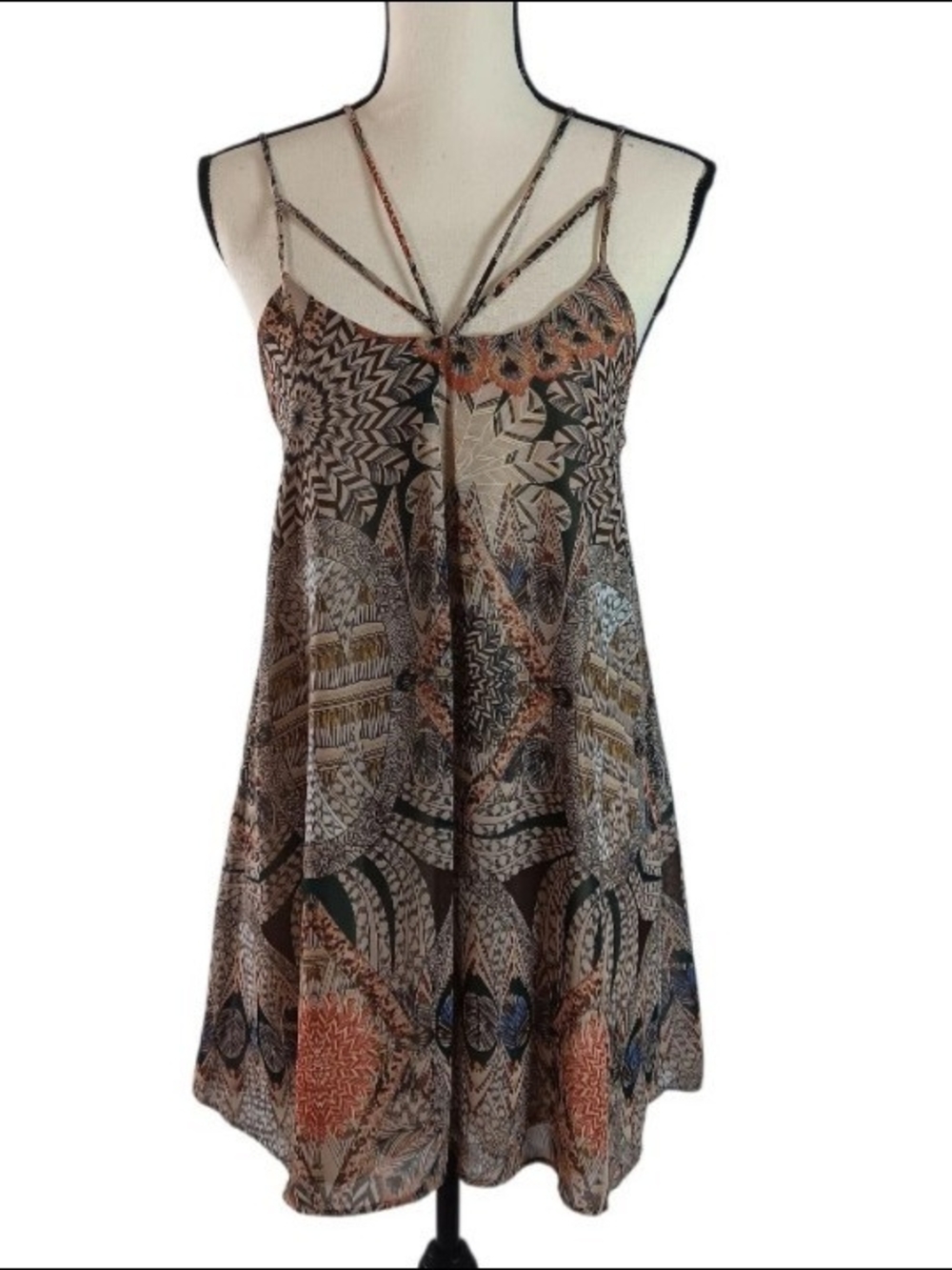 E.Leigh's Women's Bohemian Feathe Print Strappy Mini Dress, Small